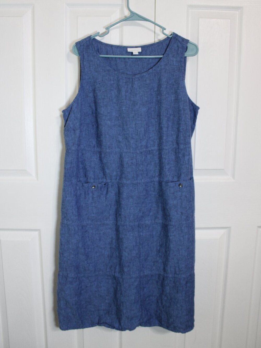 Pure Jill 100% Linen Sleeveless Two Button Front Denim Look Midi Dress